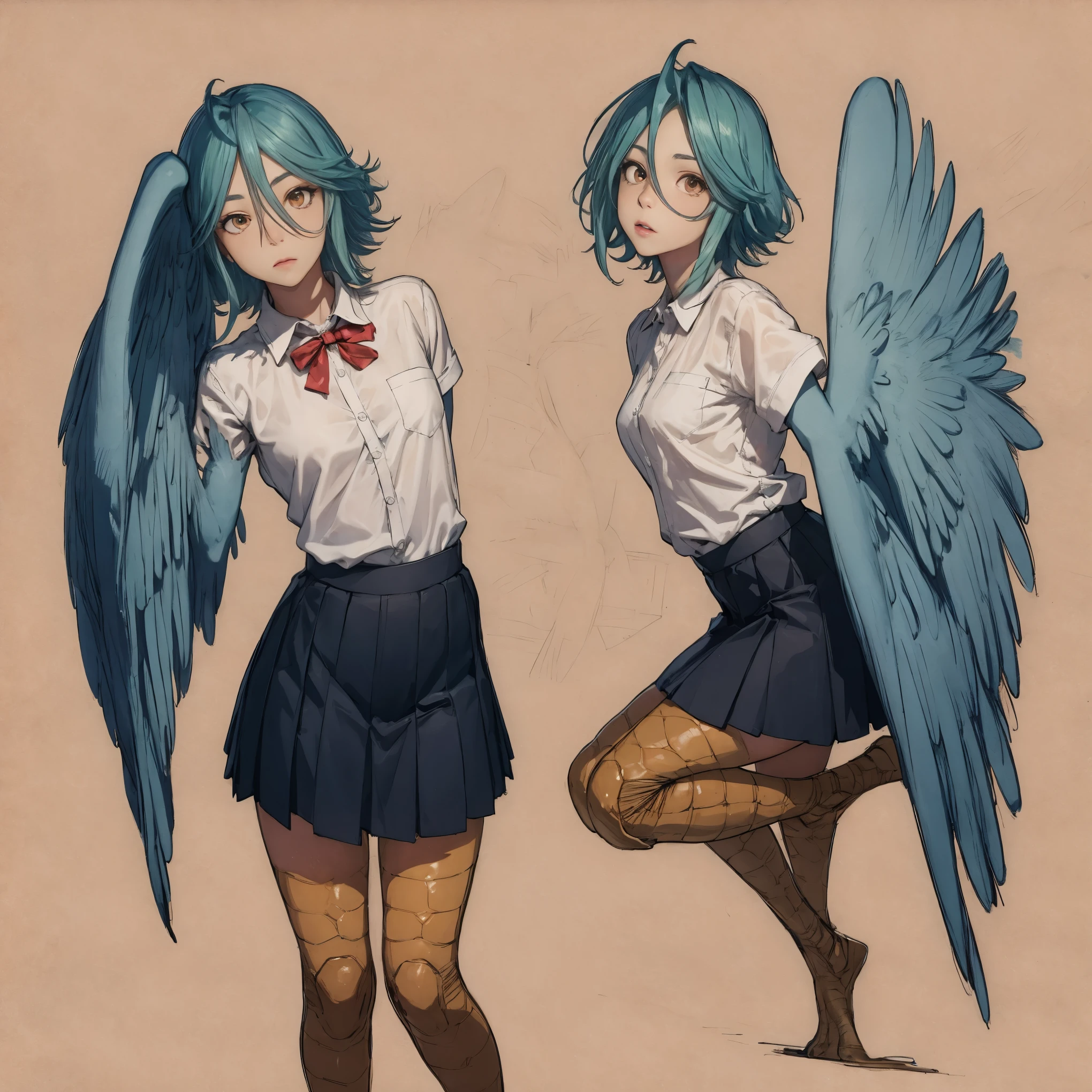 1 female, solo female, harpy, emerald green wings, beautiful wings, bird legs, sharp black talons, tan skin, tomboyish appearance, slim body, body height, shoulder length green hair, bright yellow eyes, masterpiece,great detail,navy blue skirt, school uniform shirt 