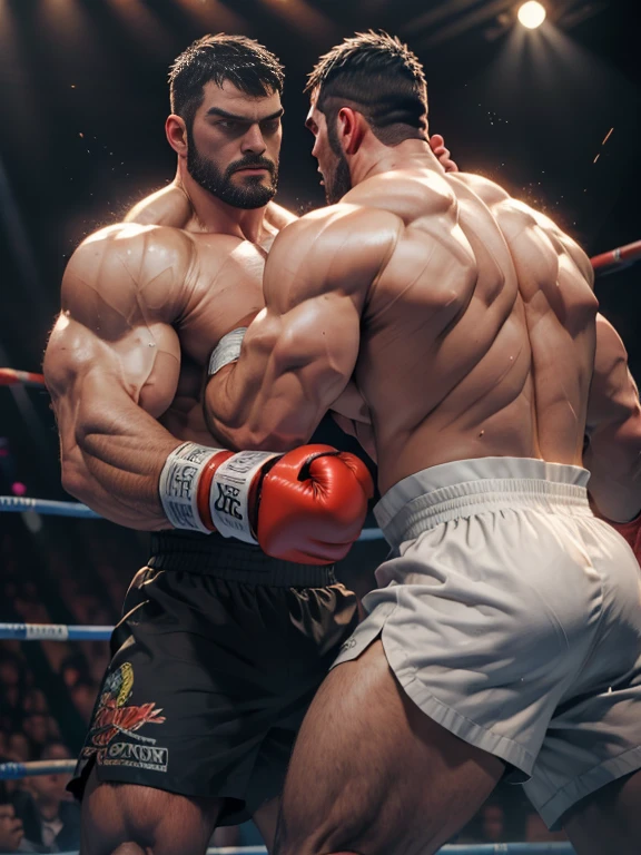 3D Photorealistic, Masterpiece realistic, best high quality, perfect details, RAW Photo, intricate details, nice lighting, 4K, detailed background, In the championship boxing match. Cinematic Snapshot, (Two men hot beard in the ring, Fights without rules, A tense moment, active action, 2 men beat each other), cinematic quality, 电影灯光, high resolution, Maximum photorealism, maximum definition