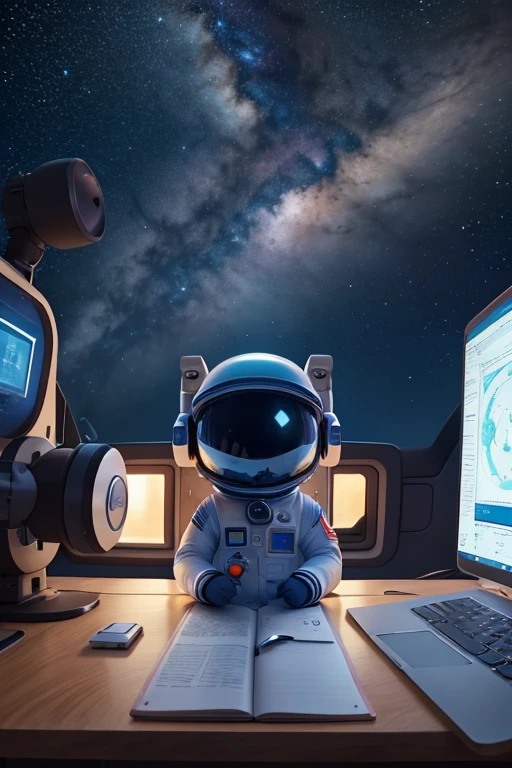 Cria uma arte de um astronauta mechendo no notebook em uma mesa no espaco