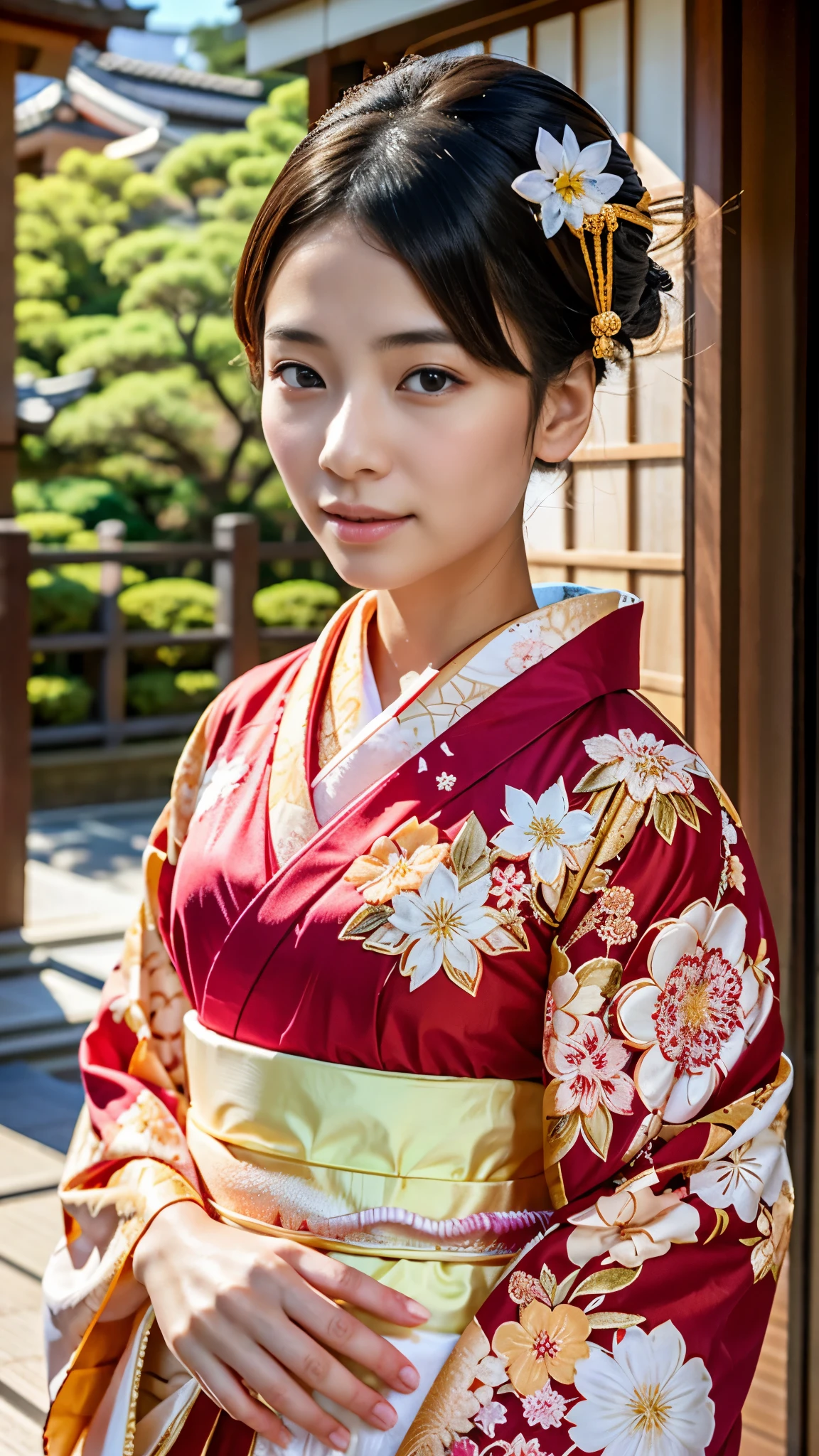 real、8k、arafed asian girl in kimono with a flower in her hair, in kimono, Japan s, like々しいjapanese girlの, traditional japanese, in kimono, japanese girl、Gorgeous bare skin、Kuroko around the eyes、close up of face:1.2、 wearing a kimono, japanese kimono, Japanese style, wearing a kimono, wearing royal kimono, japanese woman, shikamimi, 美しいjapanese girlの顔