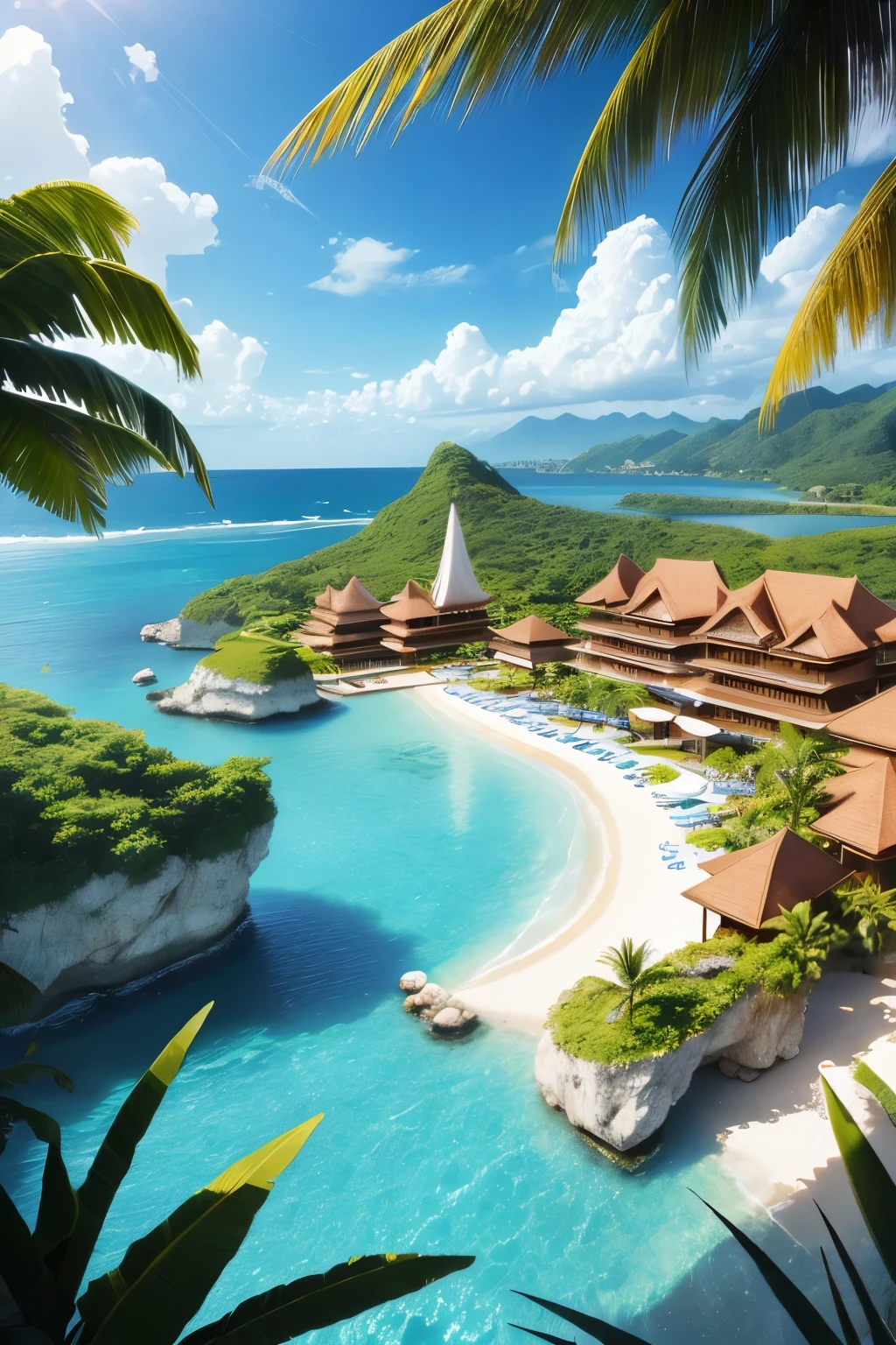 best quality, 32k, RAW photo, incredibly absurdres, extremely detailed, paradise resort, delicate, flashy and dynamic depiction