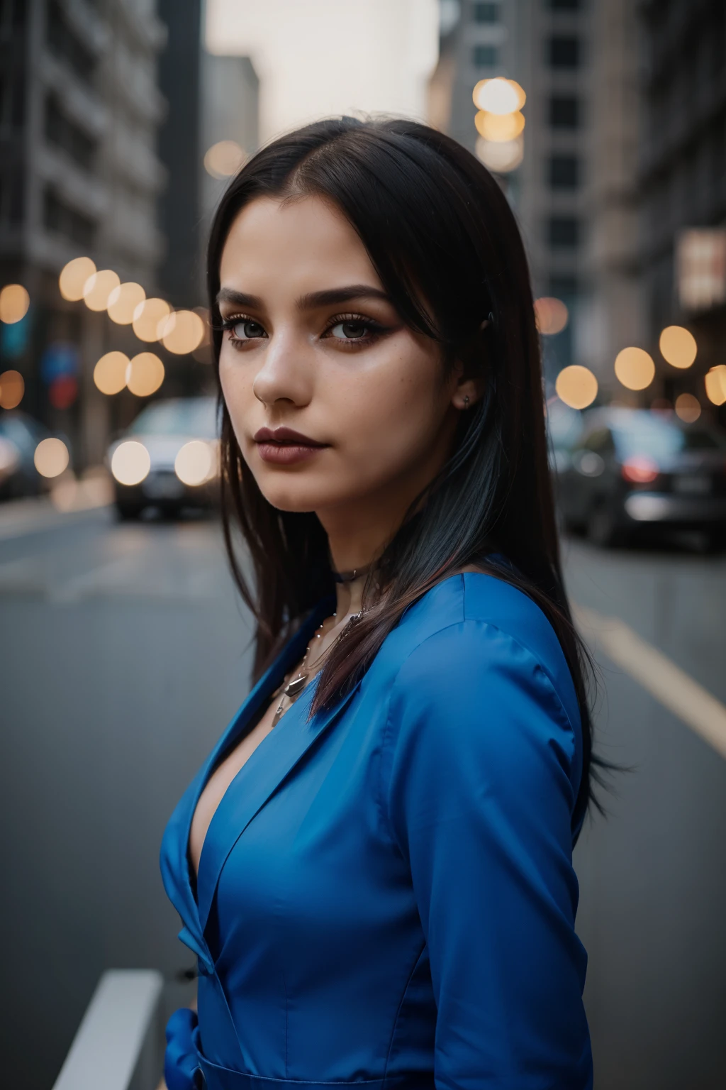 masterpiece, best quality,3d rending work ,3DMM style,close-up,portrait, 3D,1girl, solo, multicolored hair, blue hair, black hair, necklace, freckles, jewelry, two-tone hair, looking to the side, realistic, upper body, simple background, bangs, looking away, short hair, parted lips, black eyes, lips, gothic, choker, makeup, mole, black shirt, shirt, watermark