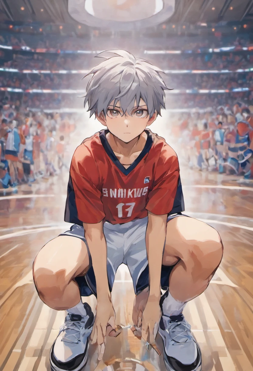 masterpiece，best quality，4k quality，unparalleled clarity，full body character，panoramic， Delicate face，
 a boy，sports student，Handsome boy，cute，16 years old，anime characters，Heterochromic eyes，smirk，Male focus is prominent，Gray hair is messy，sportswear，white nike basketball shoes，Stand on the basketball court，white socks，
face clear