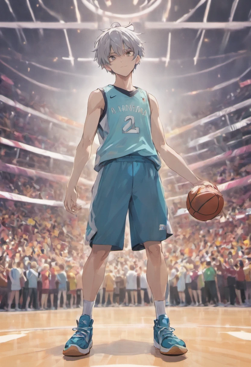 masterpiece，best quality，4k quality，unparalleled clarity，full body character，panoramic， Delicate face，
 a boy，sports student，Handsome boy，cute，，anime characters，Heterochromic eyes，smirk，Male focus is prominent，Gray hair is messy，sportswear，white nike basketball shoes，Stand on the basketball court，white socks，
face clear