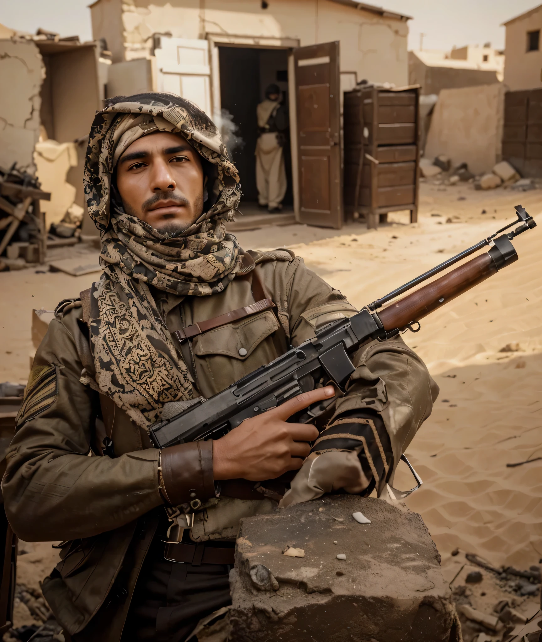(Masterpiece), (Excellent), (Extremely Fine), 1 solo men as a soldier in the middle of sand, holding gun, seem he ready to fight