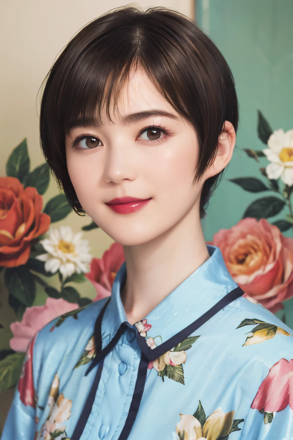 151
(20 year old woman,Floral clothing), (Super realistic), (high resolution), ((beautiful hairstyle 46)), ((short hair:1.46)), (gentle smile), (brest:1.1), (lipstick)