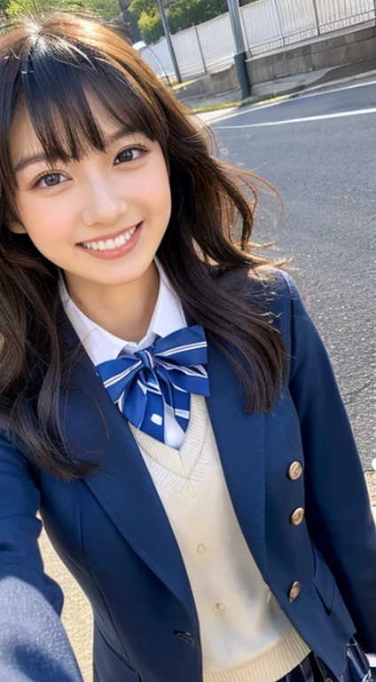 ((highest quality、8K、masterpiece:1.3))、sharp:1.2、perfect body beauty:1.4、((Mitsuami、bangs、、black haired、huge tit:1.2))、(school classroom)、Highly detailed face and skin texture、detailed eye、double eyelid、Looking at the camera、high school girl、uniform、blazer、dark blue jacket、red tie、laughter、、cute