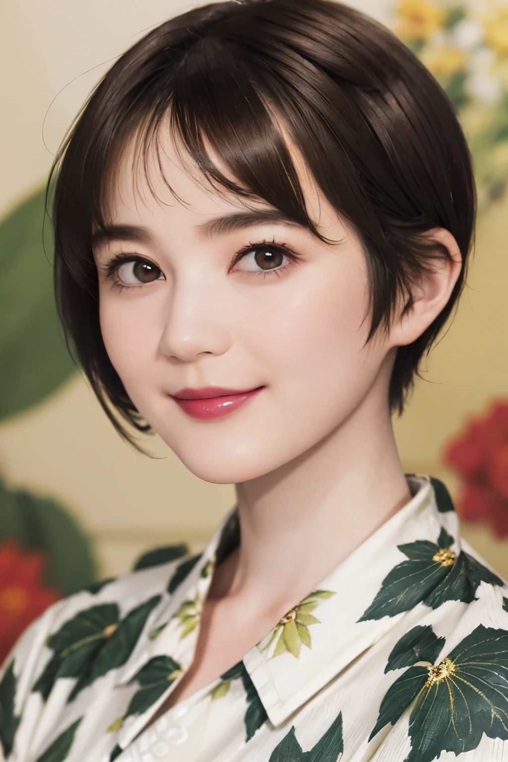 151
(20 year old woman,Floral clothing), (Super realistic), (high resolution), ((beautiful hairstyle 46)), ((short hair:1.46)), (gentle smile), (brest:1.1), (lipstick)