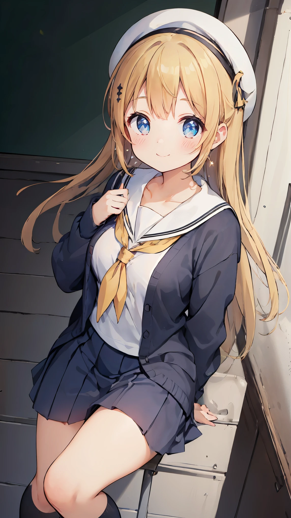 (masterpiece:1.2), (best quality), extremely detailed CG, ultra high res, fine line drawing, Ray Tracing, 1girl, solo, small breasts, cleavage, collarbone, long hair, hair is blonde color, floating hair, cheerful girl, ((school uniform, sailor suit, cardigan)), beret, star earrings, holding a guitar, form front, looking at viewer, full body, indoors, classroom, standing, tareme-eyes, nice hands, perfect hands, 