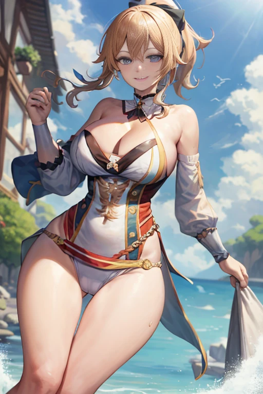 masterpiece, high resolution, best quality, beautiful art, rendered art, well formed hands, body and fingers, 1 woman, solo, Jean Gunnhildr, mature woman, big breasted, cleavage, wearing a Tyris Flare outfit, sexy and skimpy bikini, alluring body, gorgeous legs, hips and thighs, full body, dancing seductively, smiling joyfully, looking at the viewer, beach background 