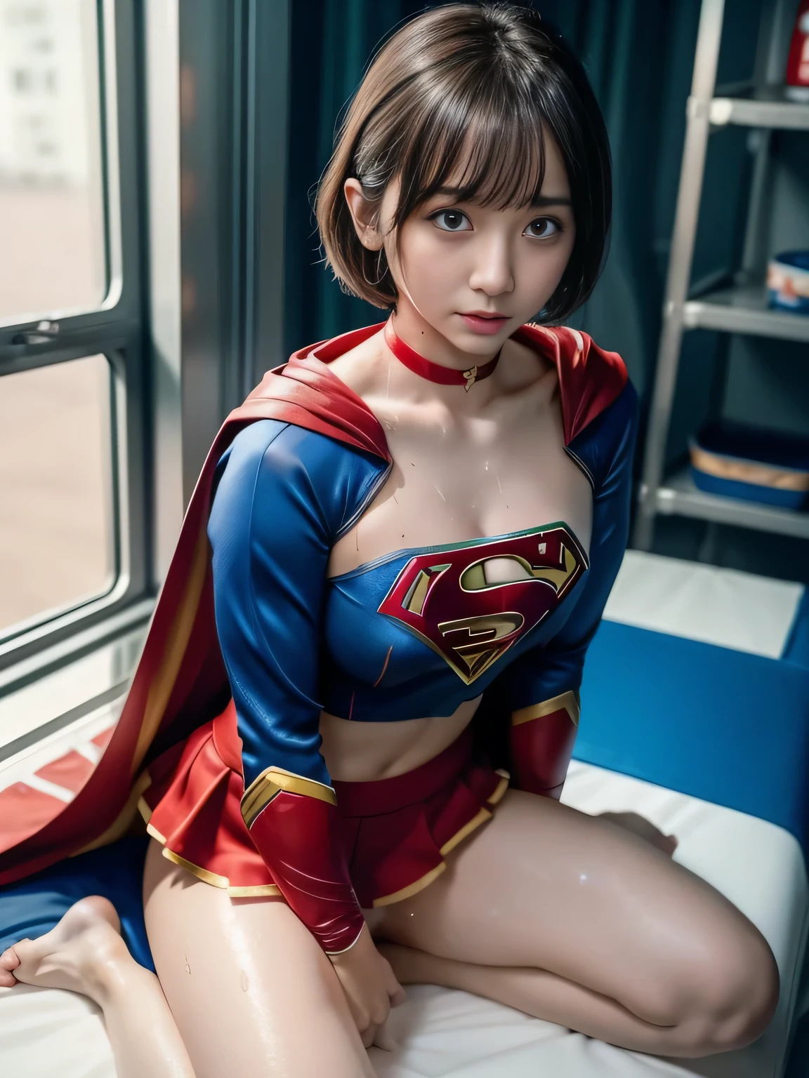 masterpiece、Supergirl costumes、short hair、Intensive care unit、operating table、barefoot、straddle、M-shaped legs、wide open legs、big and full breasts、red mini skirt、look at the camera、Sweat、Cowgirl、Sweatでいっぱい、発Sweat、Sweat scattering、Sweat wet、choker、long sleeve、Fluttering cloak、During surgery