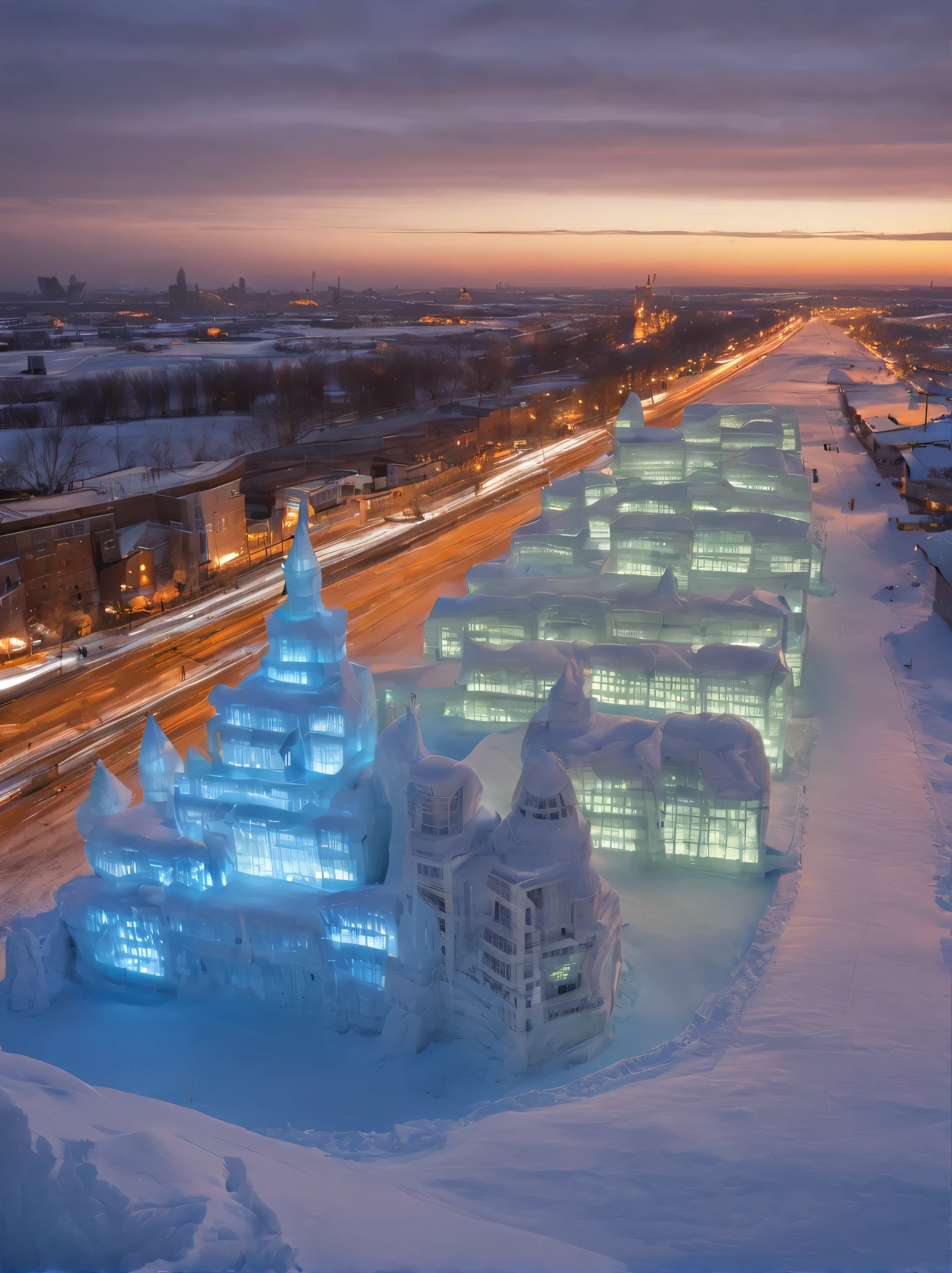 Harbin Ice Sculpture World,Ice Sculpture City,Night view at night,Colorful lights illuminate the ice sculpture building,color, a buried city. These buildings are hidden under large sheets of ice, Extending infinitely into the distance. ice is very thick,it emits a cold light, Pristine beauty, obscuring the vibrant life that once flourished below. Towering buildings, its top is barely visible, As if disappearing into the depths of unfathomable darkness. The emptiness below is palpable, Exuding a strange sense of mystery and foreboding. The atmosphere is strange, There is a deep silence in the air, Cracked only by occasional cracking of the frozen surface. Moonlight reflects off the ice with an ethereal glow, Casts an otherworldly light across frozen cityscapes. The play of light and shadow creates an interplay of contrasts, Highlighting the desolation and grandeur of this frozen kingdom. Mainly cool blue tones, Bring a bit of coolness to the scene, The light warm colors remind us of the life that once lived on these streets.. The lights dance, casting long, Distorted shadows on frozen landscape, Emphasis on surrealism, The strange nature of this frozen prison. Subtle shimmer highlights the depth of the ice, Uncover secrets hidden beneath frozen surfaces. The interplay of light and darkness is a visual metaphor,Symbolizes human resilience in the face of adversity, Even in the coldest environments,Hope remains. This photo captures a moment frozen in time, unforgettable past, A testament to the indomitable strength of a city trapped beneath the ice.
information