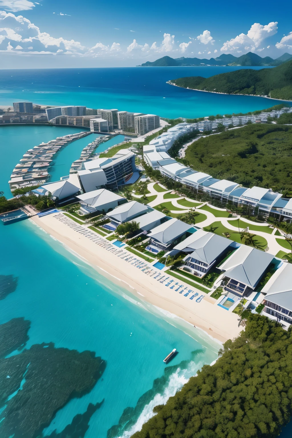 best quality, 32k, RAW photo, incredibly absurdres, extremely detailed, paradise resort, delicate, flashy and dynamic depiction
