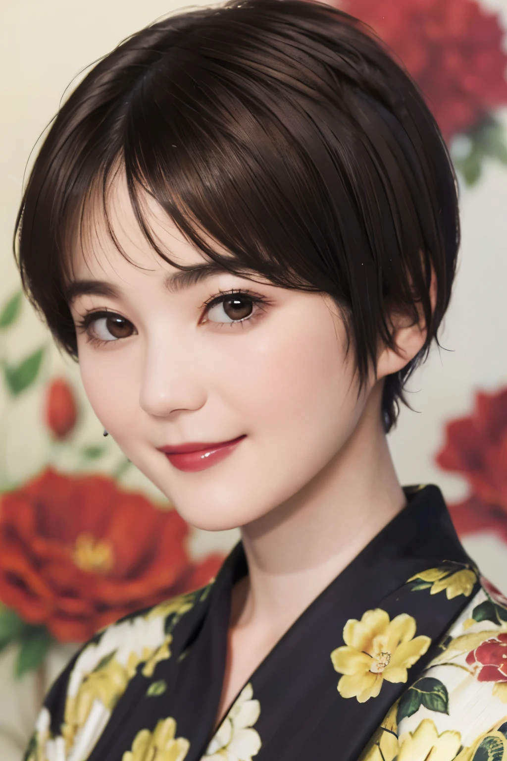 151
(20 year old woman,Floral clothing), (Super realistic), (high resolution), ((beautiful hairstyle 46)), ((short hair:1.46)), (gentle smile), (brest:1.1), (lipstick)
