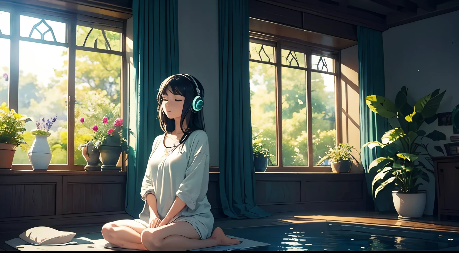 4K, A high resolution, Best quality at best, tmasterpiece, perfect colors, perfect shadow, perfect litthing, (1gril, solo),((sportrait)), fit-muscled body, bright green eyes,dark blue hair , blue eyes, With round lenses, wearing headphones, relaxing clothes, Open Window, Bedroom, tranquil ambiance, Soft sunlight, Cozy atmosphere, Relaxing music, Serene expression, Closed eyes, comfortable seating, stone floor, modest simple room, floral curtains, Green plants, Natural breeze, Calm atmosphere, the soft light, serene environment, stillness, Harmony, inner peace, deep relaxation, Soothing colors, positive energy, Mindfulness, Solitude, introspective, The inner journey, peaceful, Escape the outside world