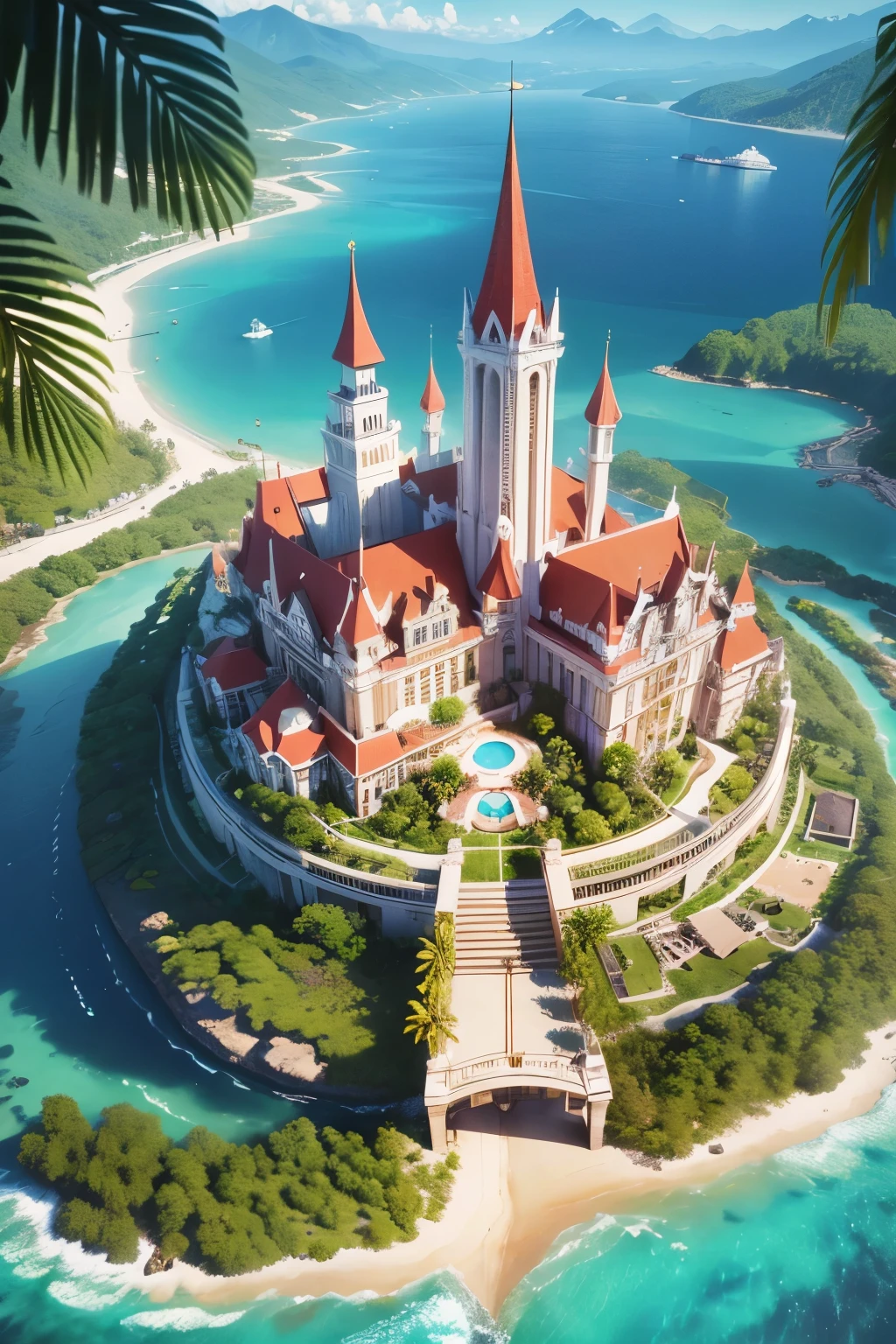 best quality, 32k, RAW photo, incredibly absurdres, extremely detailed, paradise resort, delicate, flashy and dynamic depiction
