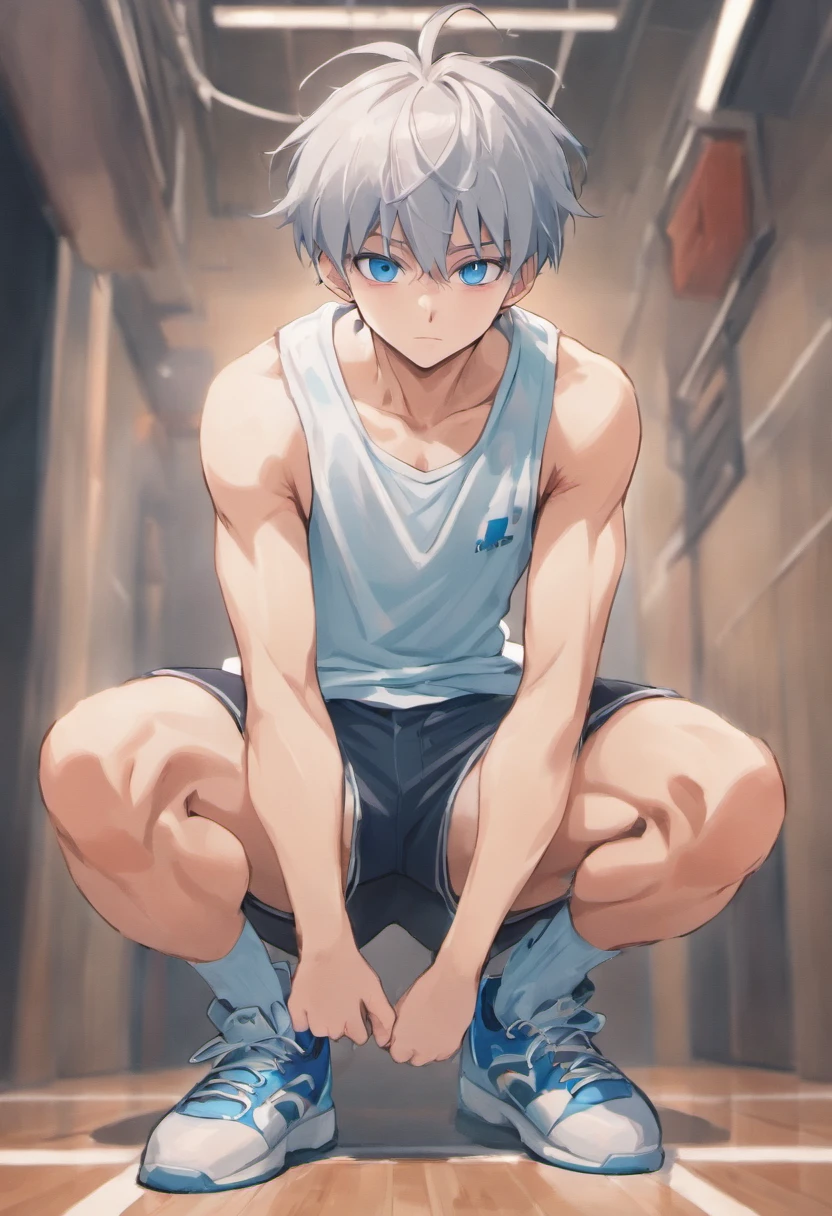  masterpiece，best quality，4k quality，unparalleled clarity，full body character， Delicate face，
 a boy，sports student，white skin（1.5），muscle（0.3），Handsome boy，cute，16 years old，anime characters，blue eyes，smirk，Male focus is prominent，Gray hair is messy，White tights，The crotch is very big，black leggings，White basketball shoes，Beaten by a group，There are scars on the face，The tights were torn，There are scars on the arm，Fear，white socks，Alleyway background，
face clear