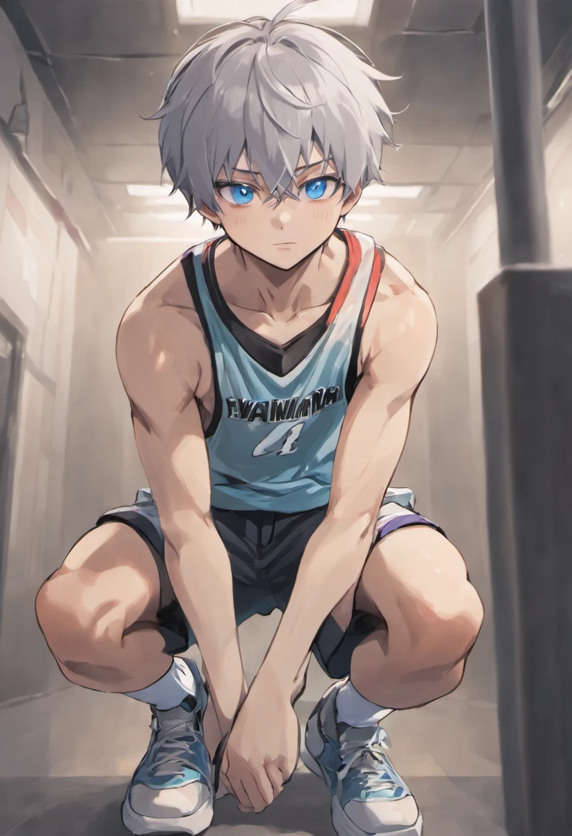 shaggy,Light blue hair,bodyfur,basketball playground,basketball suit,sat on the ground,Wear socks,White socks,catss,sunlighting,Look at the feet,Focused,pale blue color eyes,Cat nose,a warm color palette,AOEU,AOEU,Heavy sweating,Screen-centric,Socks are opaque,dirty socks,Normal expression,The sun shines on the body,hand on leg,Highest picture quality,Delicate painting style,Delicate hook lines,Masterpieces,Fine skin,Delicate hair,Delicate hands,Delicate eyes,Handsome,Cat style,Blue pupils,, Dappled light and shadow,White fur,Protruding crotch
