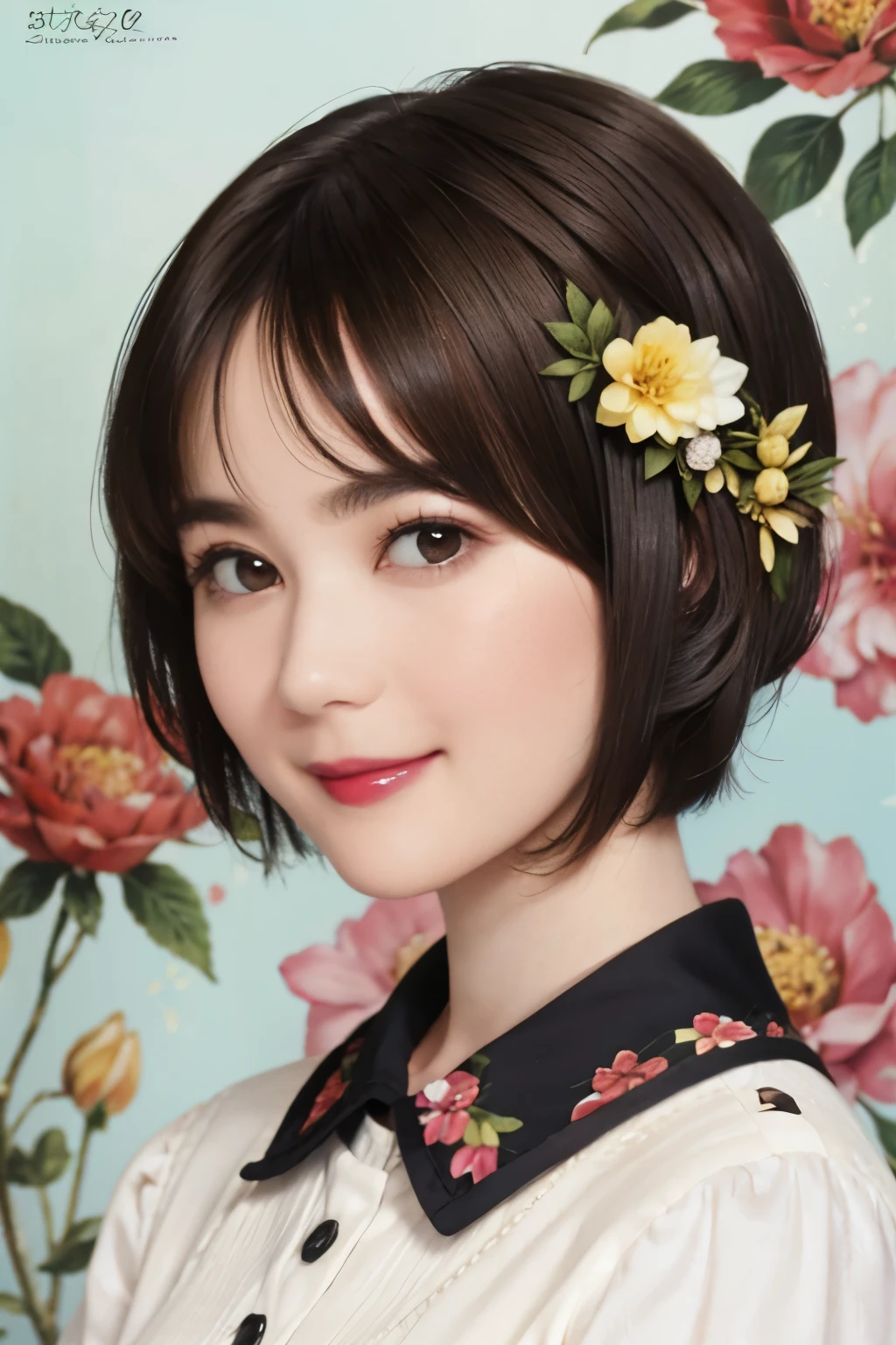 151
(20 year old woman,Floral clothing), (Super realistic), (high resolution), ((beautiful hairstyle 46)), ((short hair:1.46)), (gentle smile), (brest:1.1), (lipstick)

