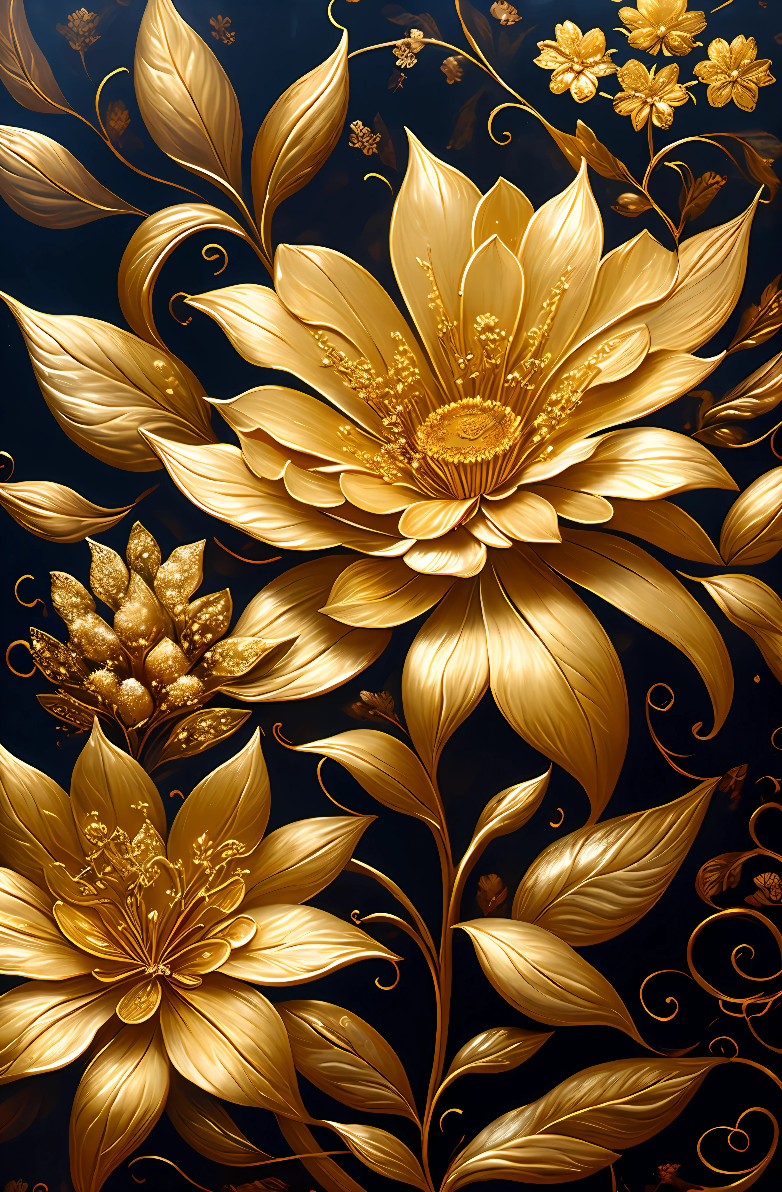 Hay una pintura de una flor con hojas de oro y plata, gold flores, golden flores, flores and gold, dorado relief, detailed flores, ornate flores, gold flaked flores, flores with intricate detail, chaotic gold leaf flores, 4k detailed oil painting, Impresionante y rico detalle, dorado. floral, flores. elementos barrocos, intricate oil painting