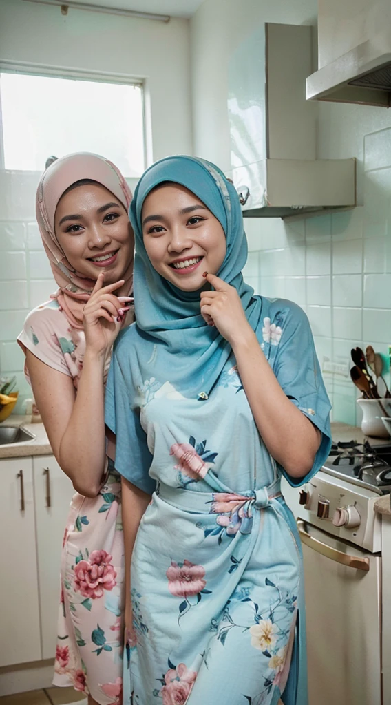 4 beautiful malay girl in pastel color hijab taking picture in modern kitchen, wear pastel blue and white floral pattern baju kurung, friendly and laughing situation, laughing, happy, modern pastel color kitchen, detailed skin texture, soft lighting, pastel color theme, high quality, movie shot framing, ultra detail, 8k,