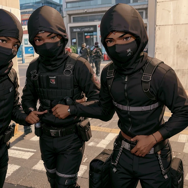 3 adolescentes homens negros fugindo de balaclava um assalto ao banco de bala clava morenos com armas com bolsa de dinheiro na mao com piloto de fuga na rua de frente ao banco