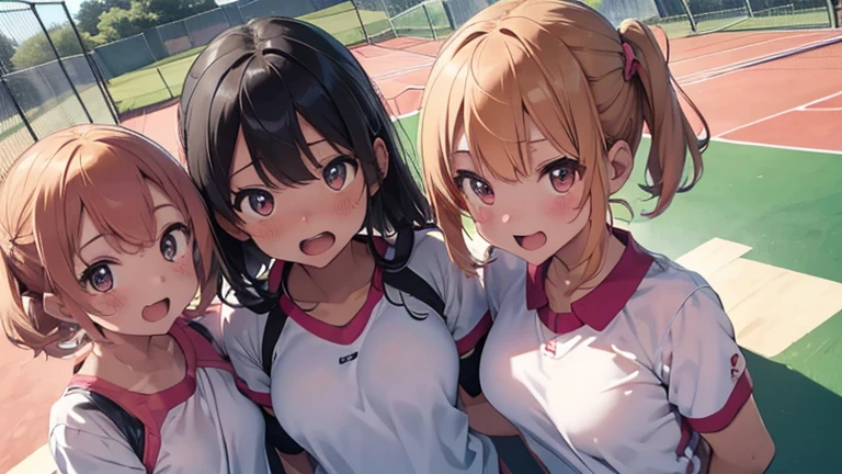 mastute piece,Best Quality,insanely detailed,8k cg,nsfw,
take a picture from the chest up,
3+girls,line up in a row,shirt lift by self,(same pink tennis uniform,bare breasts,bare teats),blush,shy,ecstasy face,gasping,trembling,yellow-green hair,perfect breasts,perfect nipples,open mouth,tennis court,