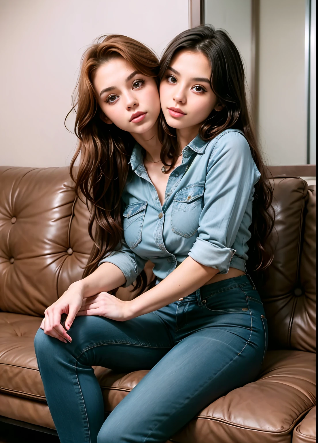best resolution, 2 heads, white woman with 2 heads and white skin, blowing kisses, yuri, red dyed hair, straight hair, black eyeliner, 21 years old, youthful, wearing jeans, shirt, full body photo, flirting, sexy, sitting on couch