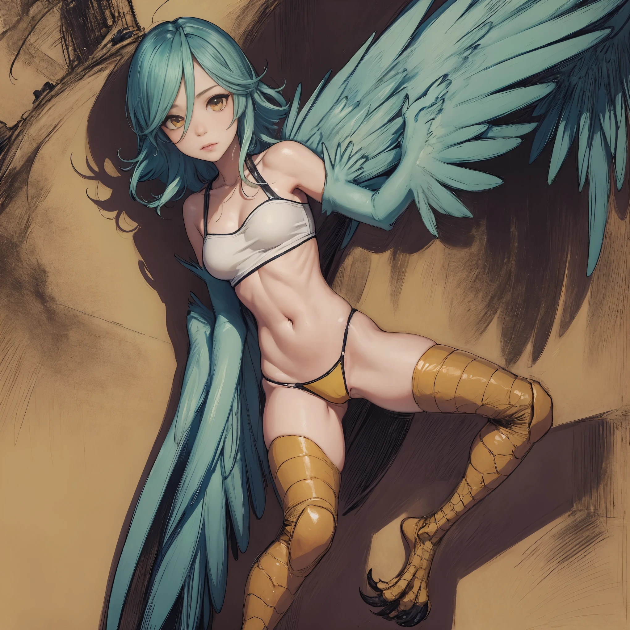 1 female, solo female, harpy, emerald green wings, beautiful wings, bird legs, sharp black talons, tan skin, tomboyish appearance, slim body, body height, shoulder length green hair, bright yellow eyes, masterpiece, excellent details