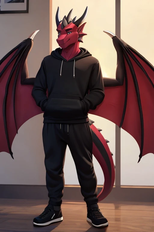 anthro dragon with wings and sacles and tail, male, wearing black hoodie, black sweatpants