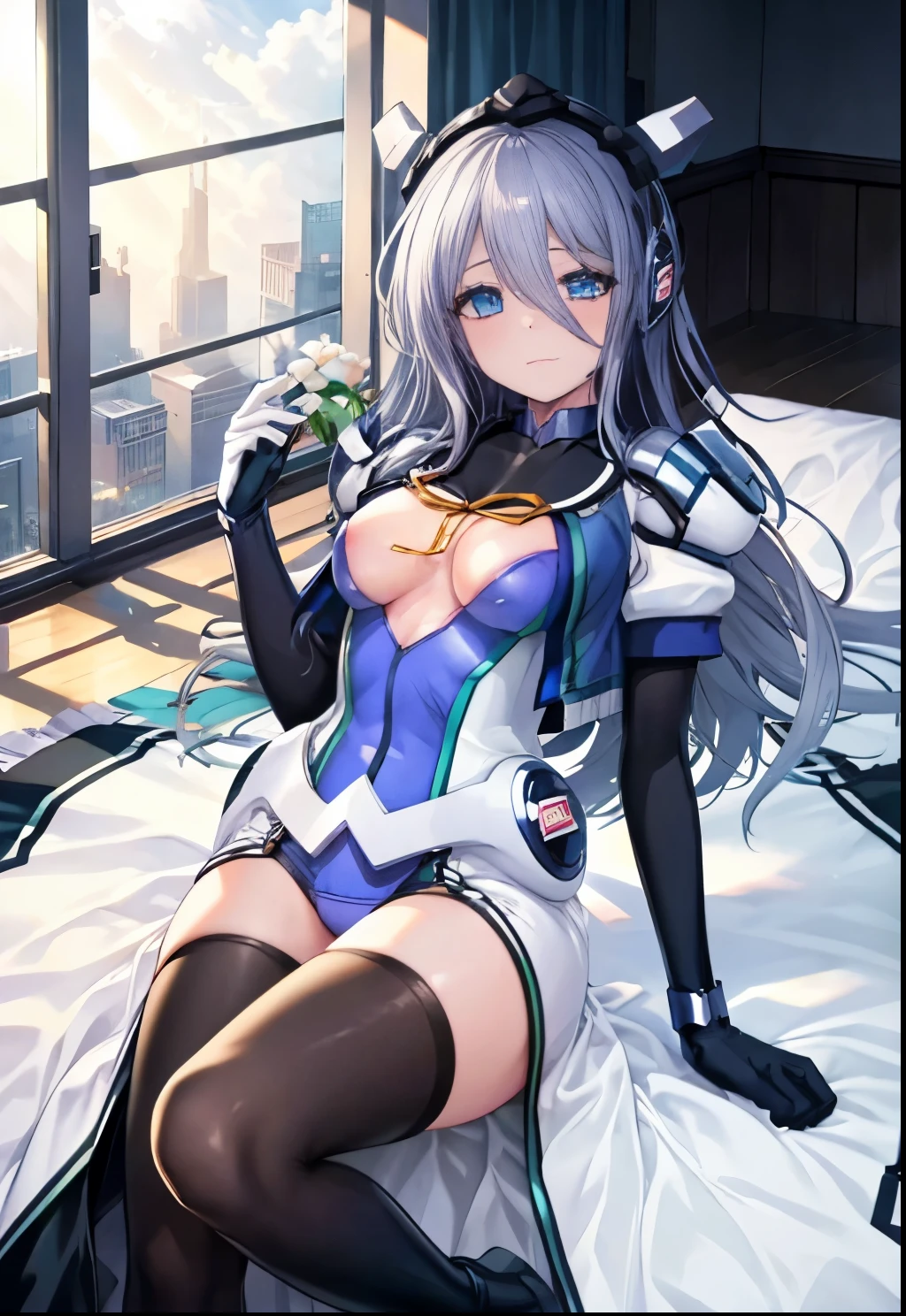 highest quality,sleep on your back in bed,Crab crotch,show me your boots,thigh high boots,leotardチラ見せ,glove,elegant, 1 girl, leotard,body suit,cute, blushed, looking at the viewer, from below, prison,blue eyes, beautiful eyes, beautiful background, particles of light, Light of the sun, dramatic lighting, outside, shiny, realistic, table top, highest quality, Super detailed, get used to it, scenery, beautiful and detailed eyes, thin hair,full body shot,