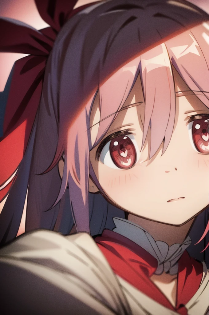 ((best quality)), ((masterpiece)), (detailed), ((face close-up)), ((creepy)), ((blood)), ((crazy)), ((horror vibe)) bloody face, dramatic scene, very high impression, yandere, perfect face portrait ((add contrast light)), ((hearts in pupils)), ((creepy vibe)), ((change ribbons in the hair colour to red))