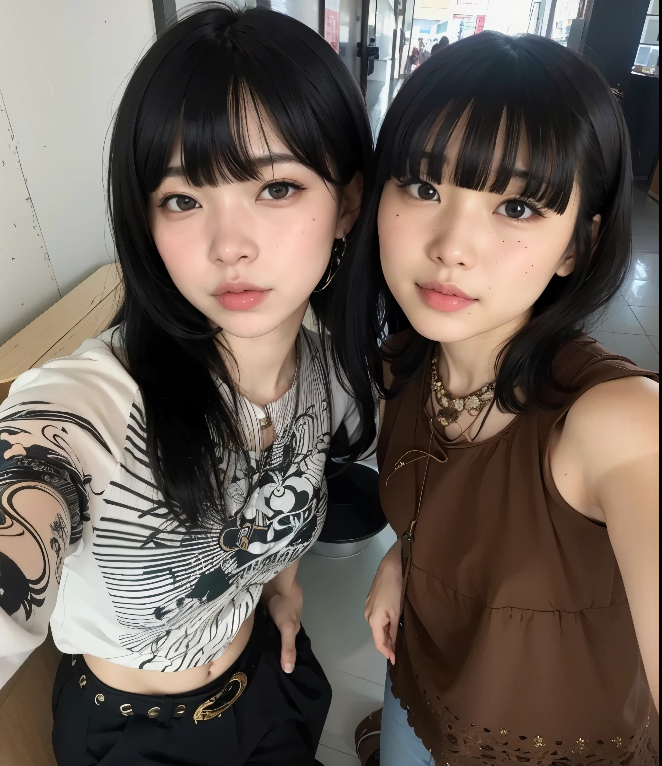 two asian women posing for a photo in a cafe, Yoshitomo Nara e Aya Takano, Ayami Kojima e Lyde Caldwell, o corte Hime, she has black hair com franja, they are pixivs and junji, Ulzzang, com franja, com franja completa, corte de cabelo preto hime, sui ishida com cabelo preto, sakimichan