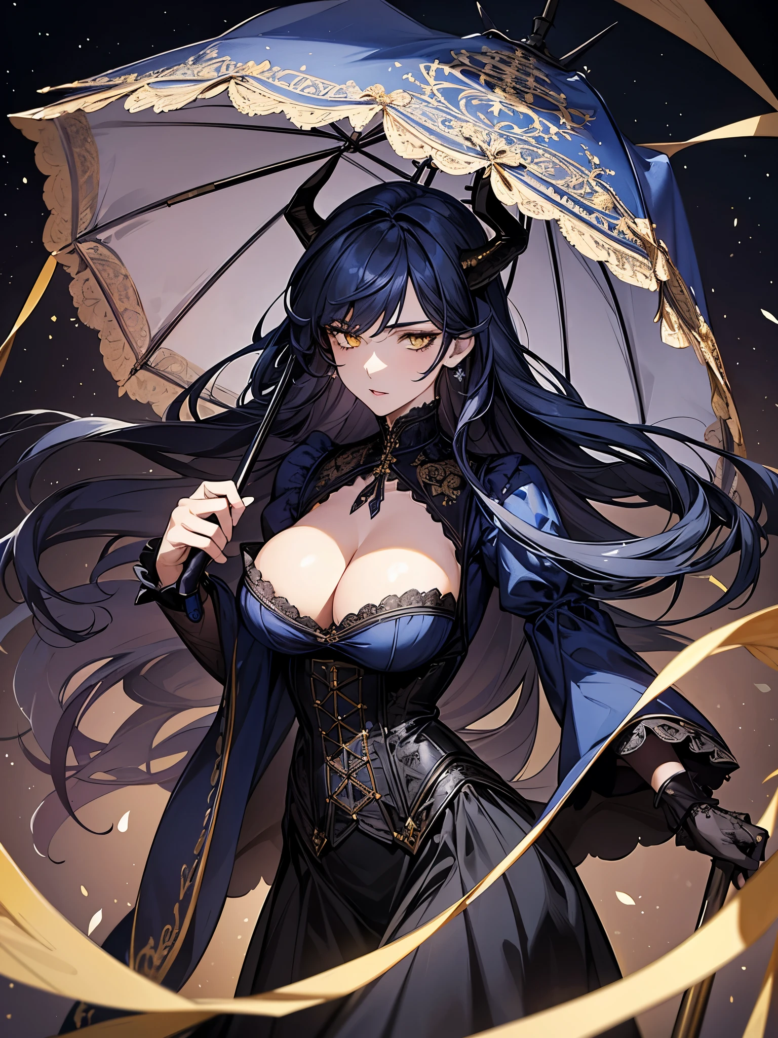 1woman, victorian dress in blue and black, long dark blue hair, yellow eyes, mature woman with big breasts, big black victorian umbrella, dynamic pose, (masterpiece),(intricate details), highly detailed, extremely detailed art, extremely detailed face, extremely detailed eyes, dynamic pose, dark background, stars, [[delicate horns]], horned, horns
