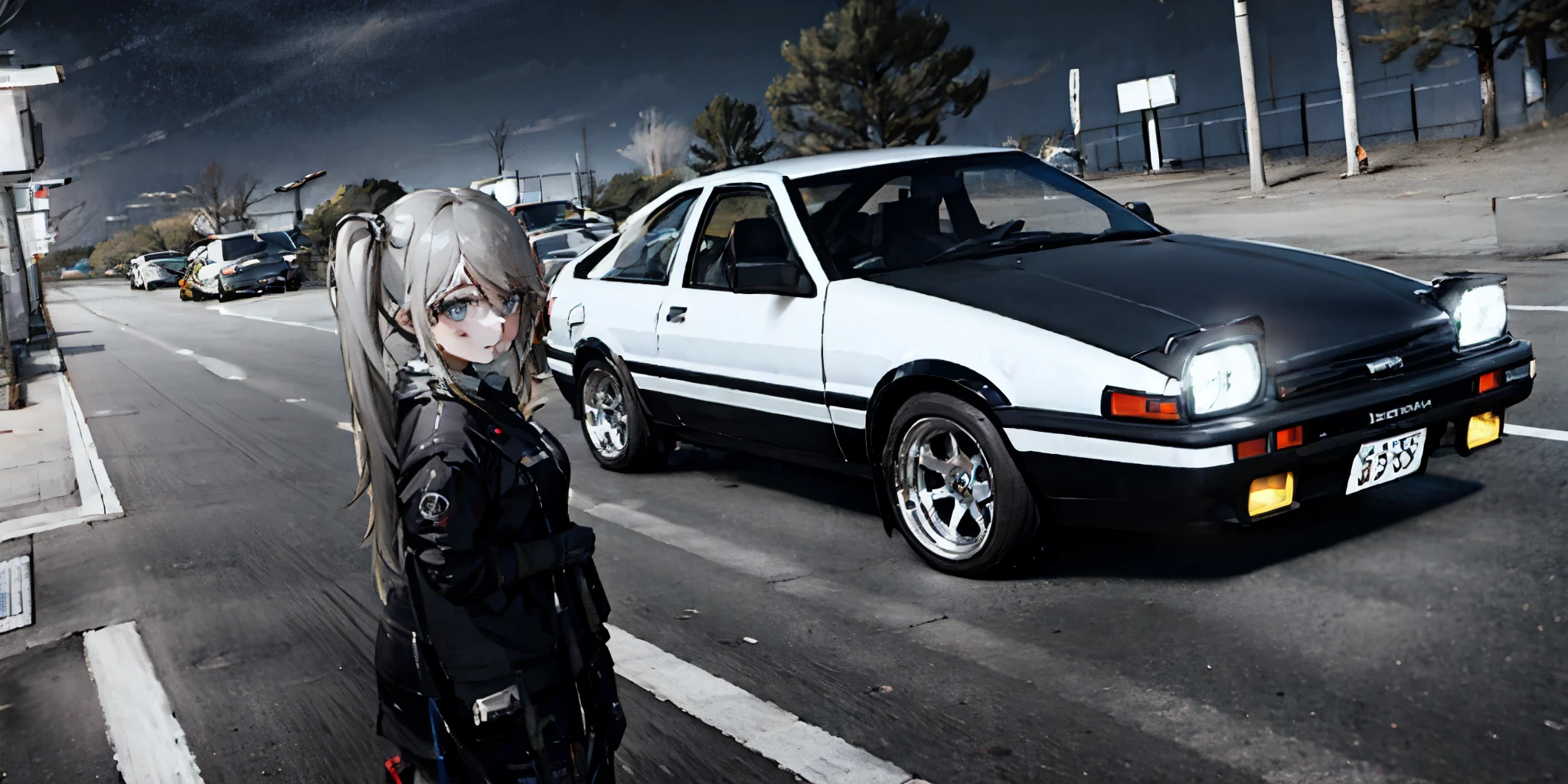 1girl blonde, motor vehicle, parking lot, night, 
AND 1girl, motor vehicle, parking lot, night, hatsune miku, 
AND 1girl, motor vehicle, parking lot, night, detailed background, masterpiece, best quality,