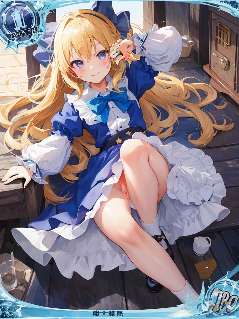 photo-realistic, (masterpiece,highest quality:1.4),(8K,RAW photo,photo-realistic:1.2), fine skin, detailed face,1 girl,japanese idol,cute face, girl, Not safe for work, (RAW photo, photo-realistic: 1.2), 1 girl, hair length,NSFW,(((NO Panties))),(((pussy))) blue eyes, blonde hair, light smile, ((shiny wavy hair)), crown, jumping, Pose seen from below, dress, bow, (clock, wonderland), ゴシックなdress, hair band, movement, looking at the viewer, short sleeve, bow hair, blue hair band, laughter, blush, put your hand on your face , ブルーdress, Alice (Alice in Wonderland), hair between eyes, 白いfrillsのレッグウェア, ((bowを青くする)), throne, puffy sleeves, Put your hand on your cheek, bangs, エプロンdress, short sleeve, ((青いbowのリボン)), long hair, (mini crown), legs protrude from the frame, frills, white ゴシックなdress,: q, masterpiece, highest quality, (worn skirt, twat, camel toe)), Not safe for work, girl, , 14, 編み込みbangs,beautiful regs,