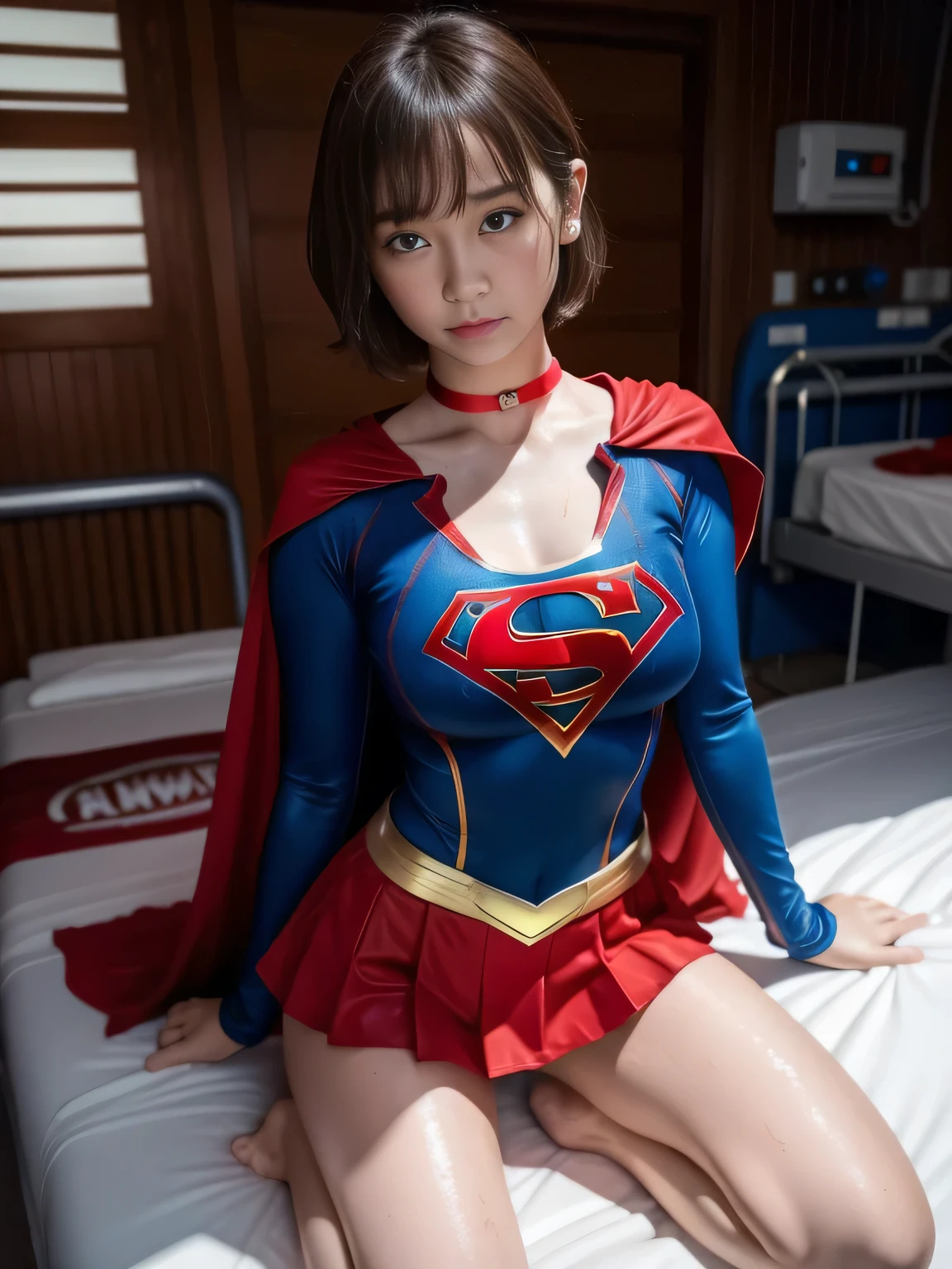 masterpiece、Supergirl costumes、short hair、Intensive care unit、operating table、barefoot、straddle、M-shaped legs、wide open legs、big and full breasts、red mini skirt、look at the camera、Sweat、Cowgirl、Sweatでいっぱい、発Sweat、Sweat scattering、Sweat wet、choker、long sleeve、Fluttering cloak、During surgery