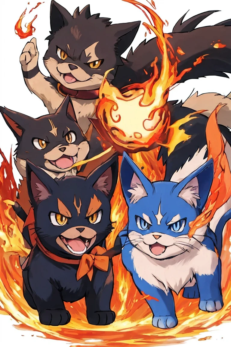 Create a cat with fire powers in the Pokémon Anime. E crie um cachorro com poderes de gelo. high resolution quality