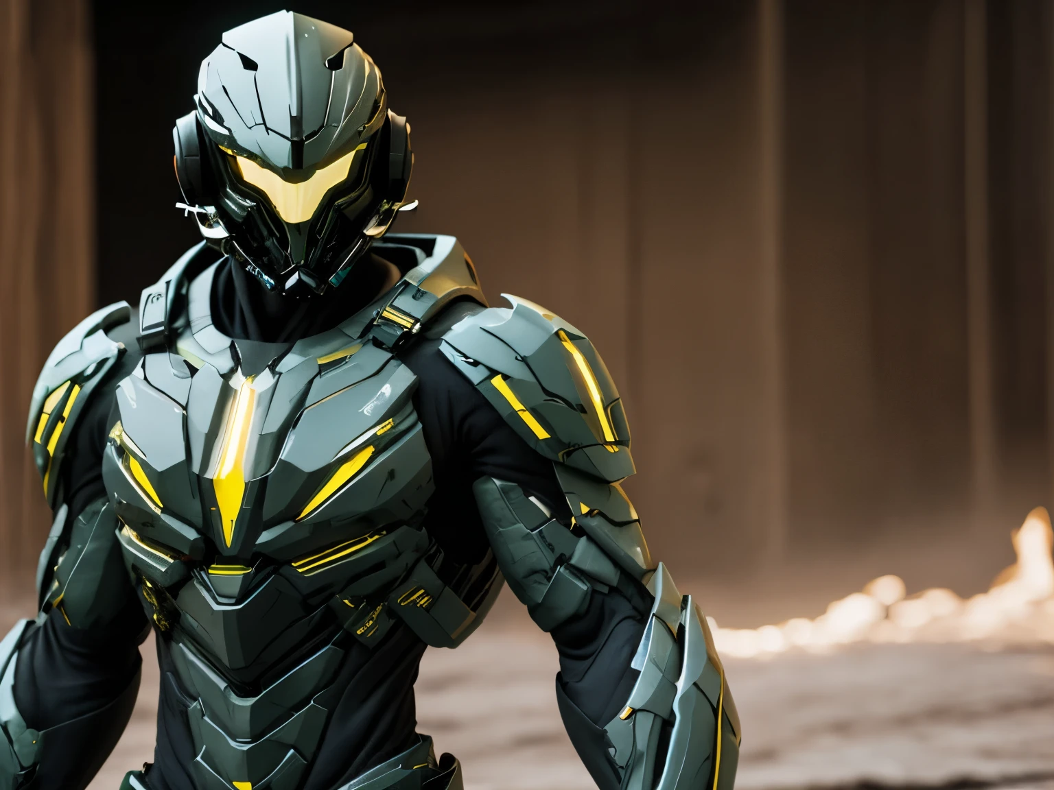 cyrax with sword sneaking from behind, yellow black dress (((masterpiece))), high detail, 8k