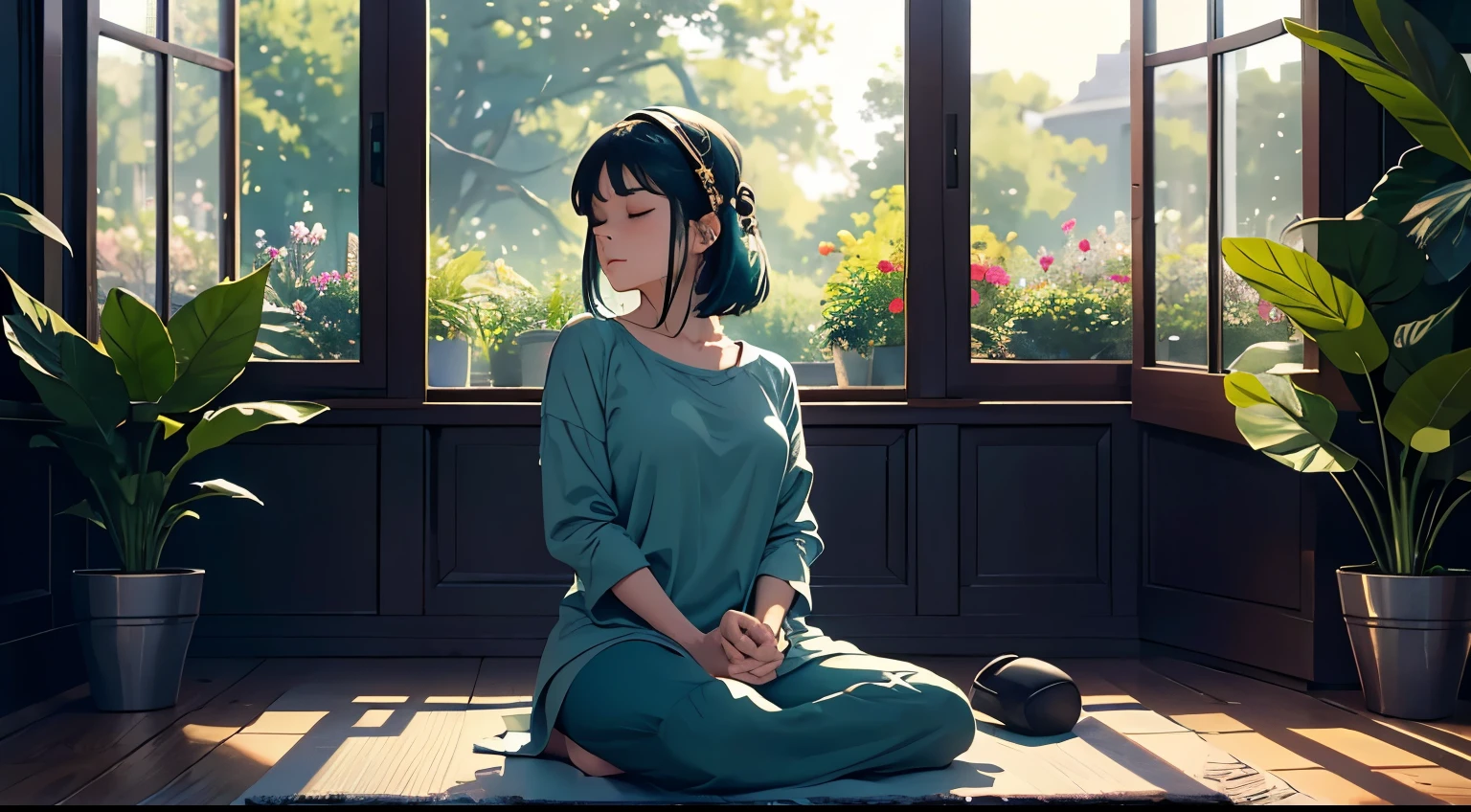 4K, A high resolution, Best quality at best, tmasterpiece, perfect colors, perfect shadow, perfect litthing, (1gril, solo),((sportrait)), fit-muscled body, bright green eyes,dark blue hair , blue eyes, With round lenses, wearing headphones, relaxing clothes, Open Window, Bedroom, tranquil ambiance, Soft sunlight, Cozy atmosphere, Relaxing music, Serene expression, Closed eyes, comfortable seating, stone floor, modest simple room, floral curtains, Green plants, Natural breeze, Calm atmosphere, the soft light, serene environment, stillness, Harmony, inner peace, deep relaxation, Soothing colors, positive energy, Mindfulness, Solitude, introspective, The inner journey, peaceful, Escape the outside world
