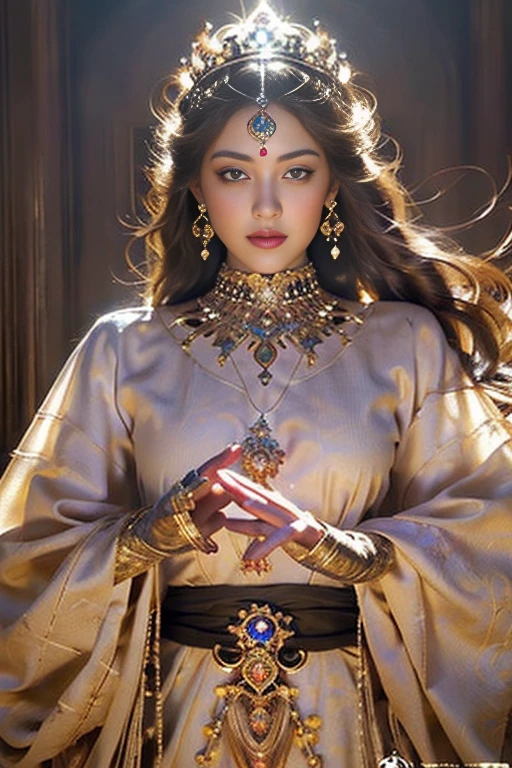 "Embracing Spiritual Challenges: The Path to Inner Growth and Universal Harmony" A beautiful young woman sits in meditation, her long hair cascading down. She is adorned in an exquisitely embroidered white robe with intricate gold patterns. Surrounding her are geometric designs and complex golden Star of David symbols, with some forming a large halo behind her head, background universal vibrations cosmic energy, unconditional love, spiritual awakening,