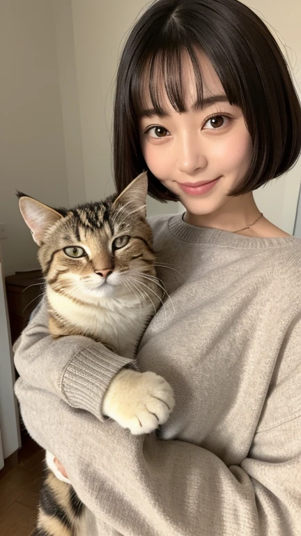 (( highest quality, 8K, masterpiece :1.3)), A face like Suzu Hirose、smiling、 girl、big breast bulge、bob hairstyle、holding a sleeping cat、the cat&#39;s color is white、Wearing knitwear that shows your body shape、