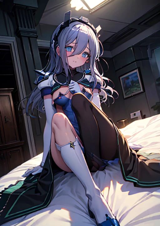highest quality,sleep on your back in bed，Crab crotch，show me your boots，thigh high boots，leotardチラ見せ，glove，elegant, 1 girl, leotard，body suit，cute, blushed, looking at the viewer, from below, prison，blue eyes, beautiful eyes, beautiful background, particles of light, Light of the sun, dramatic lighting, outside, shiny, realistic, table top, highest quality, Super detailed, get used to it, scenery, beautiful and detailed eyes, thin hair，full body shot，