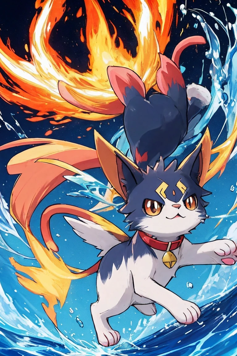 Create a cat with fire powers in the Pokémon Anime. E crie um cachorro com poderes de gelo. high resolution quality. Create a bird with water power.