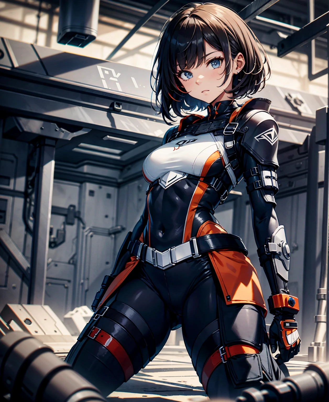 best quality,T Masterpiece,ultimate resolution,fluff,very colorful,colorful,female combatant,(kneeling pose)(pointing at you with his butt)mature woman,Black Super Short Hair,tight combat uniform,tight suit,Steel City Background,night,normal posture,normal posture