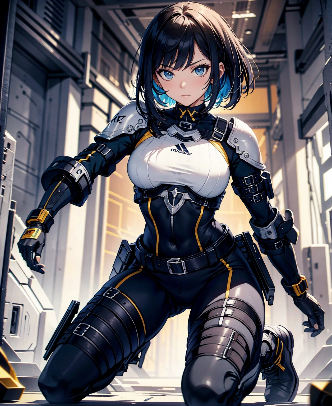 best quality,T Masterpiece,ultimate resolution,fluff,very colorful,colorful,female combatant,(kneeling pose)(pointing at you with his butt)mature woman,Black Super Short Hair,tight combat uniform,tight suit,Steel City Background,night,normal posture,normal posture
