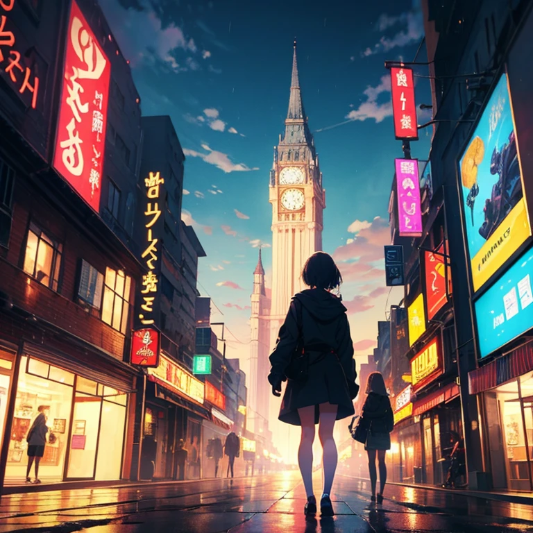 anime、cartoon characters、rain cloud、As empty as it is、City of Rains、Neon City、rendezvous、ignore fate、walk、Even if I look for your figure, I can&#39;t find it