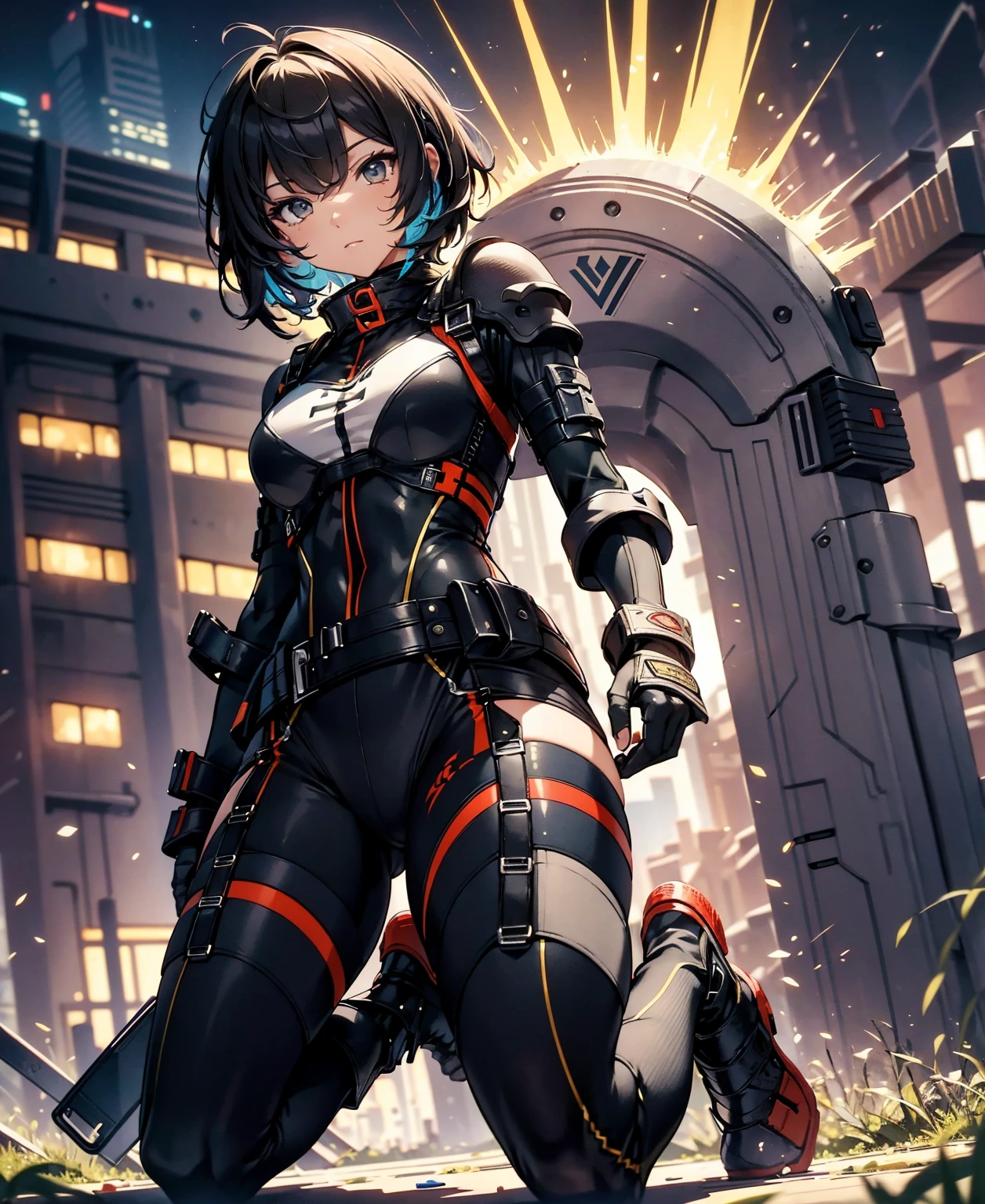 best quality,T Masterpiece,ultimate resolution,fluff,very colorful,colorful,female combatant,(kneeling pose)(pointing at you with his butt)mature woman,Black Super Short Hair,tight combat uniform,tight suit,Steel City Background,night,normal posture,normal posture