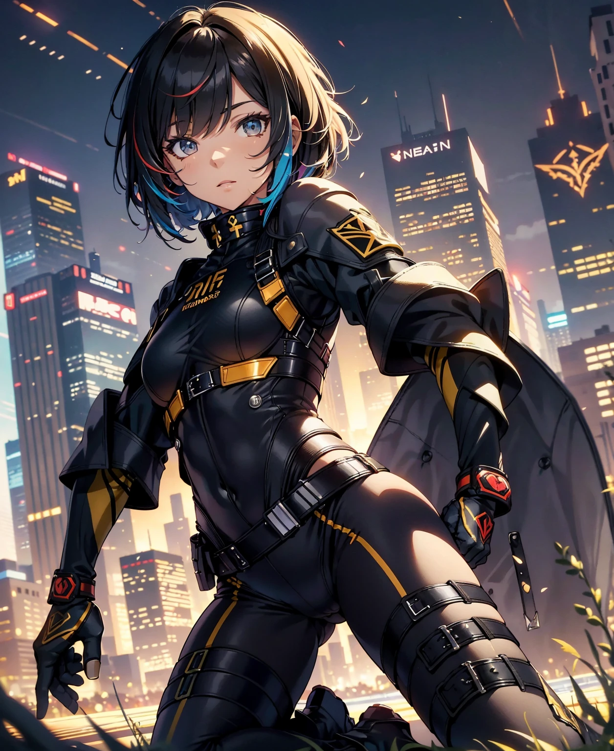 best quality,T Masterpiece,ultimate resolution,fluff,very colorful,colorful,female combatant,(kneeling pose)(pointing at you with his butt)mature woman,Black Super Short Hair,tight combat uniform,tight suit,Steel City Background,night,normal posture,normal posture