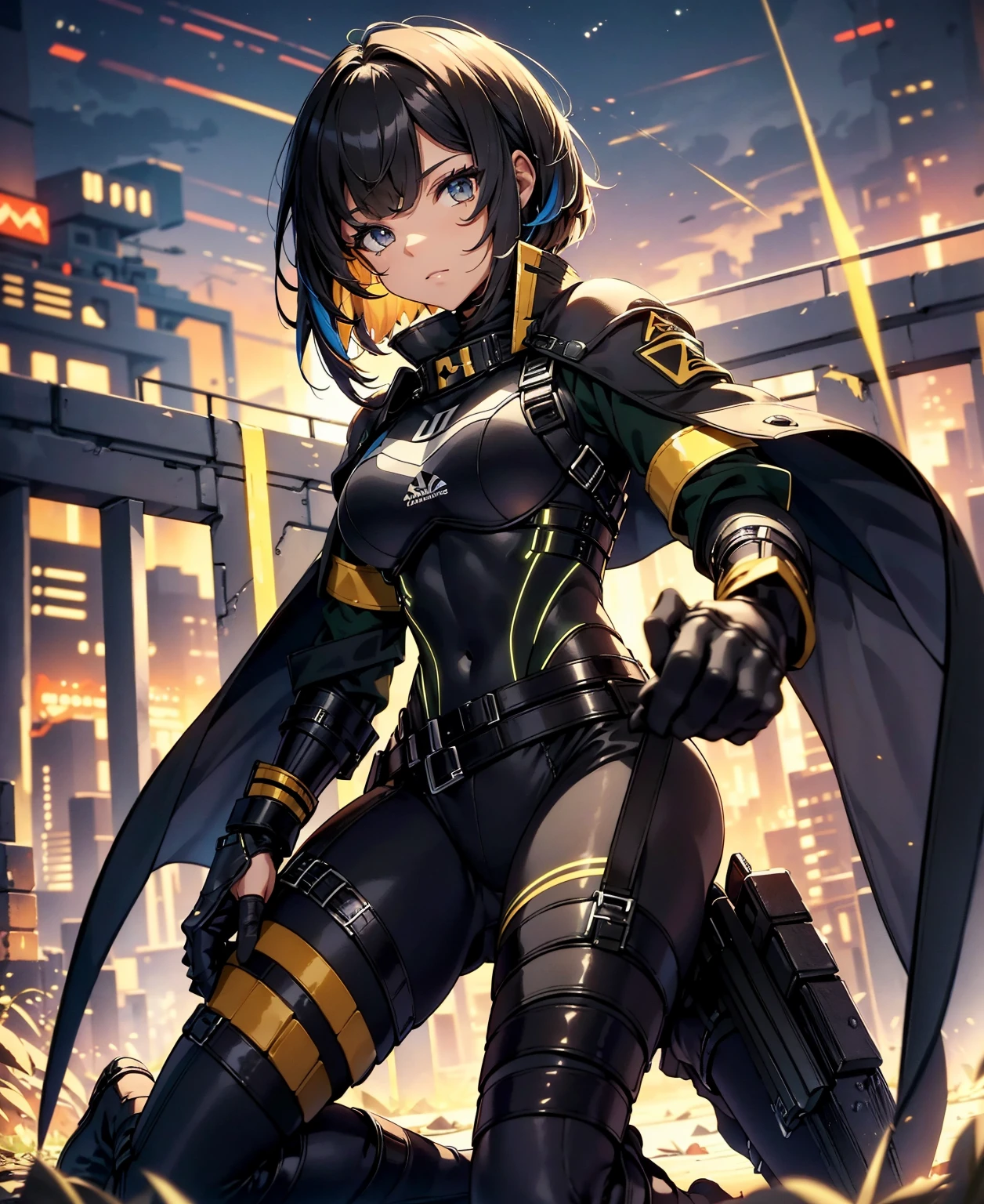 best quality,T Masterpiece,ultimate resolution,fluff,very colorful,colorful,female combatant,(kneeling pose)(pointing at you with his butt)mature woman,Black Super Short Hair,tight combat uniform,tight suit,Steel City Background,night,normal posture,normal posture